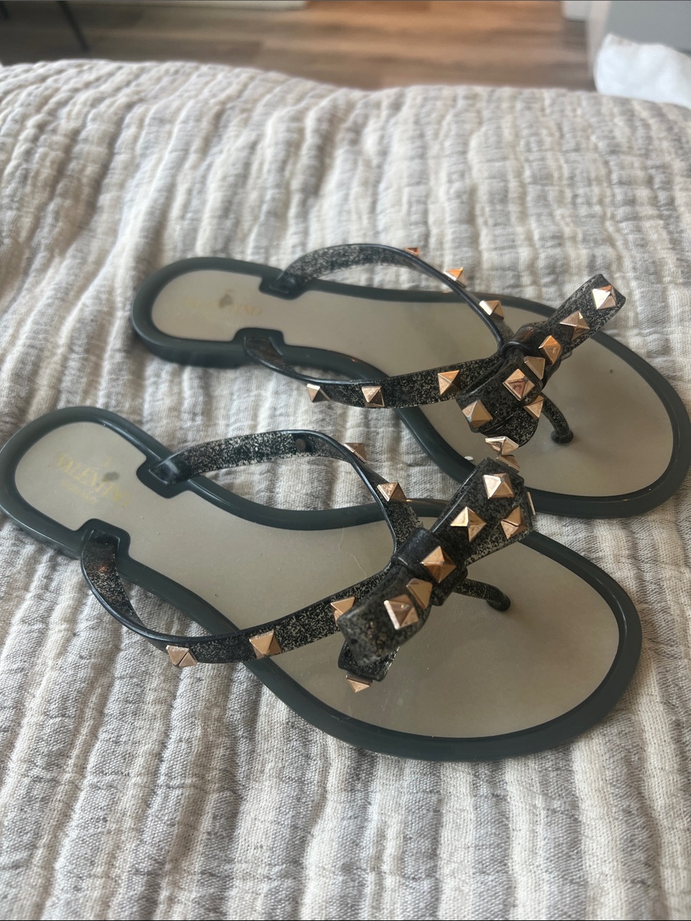 Valentino Black Metallic Studded Bow Thong Sandals - Women size 39